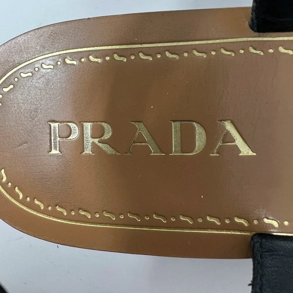 Prada Black Saffiano Leather Flat Thong Sandals Ankle Strap EU 38 Made in Italy‎